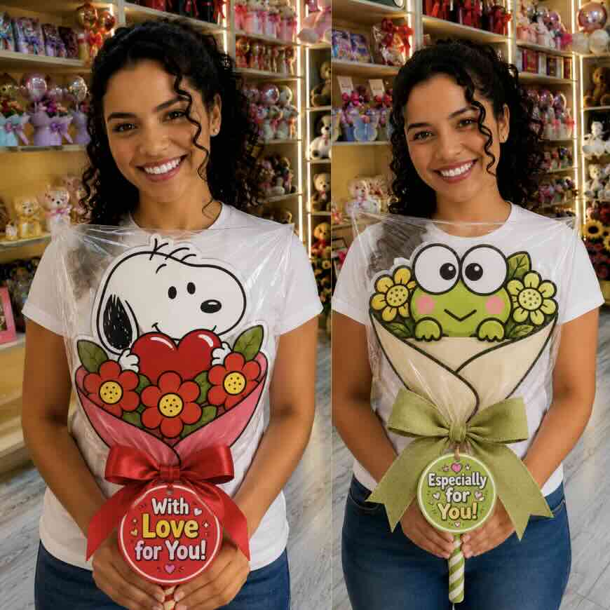 Camisetas decoradas con bouquets Snoopy y rana